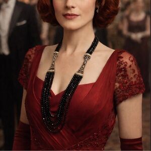 Heidi Daus Art Deco Black Beaded Statement Necklace bracelet set adjustable onyx